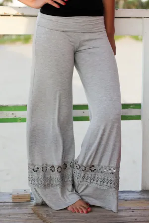 Gray Palazzo Pants with Crochet Detail