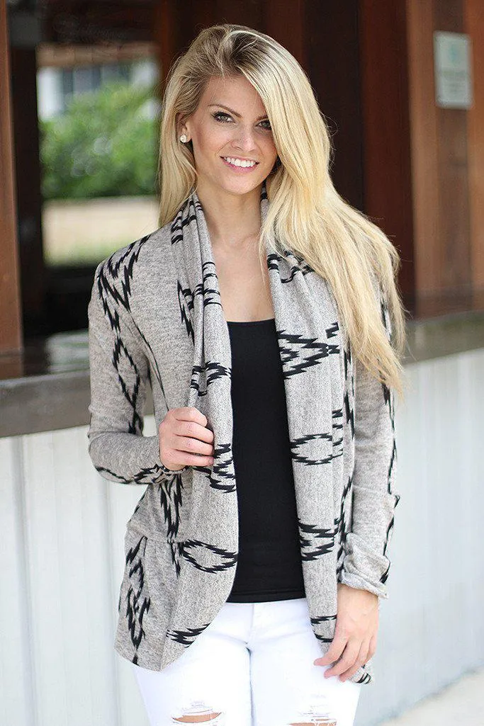 Gray Printed Open Cardigan