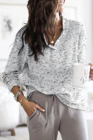 Gray Slouchy Heather Rib Knit Long Sleeve Henley Top