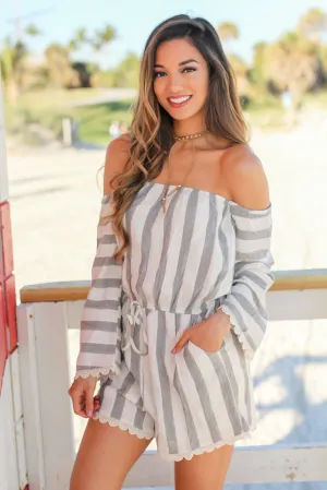 Gray Striped Off Shoulder Romper