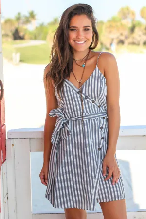 Gray Striped Short Dress with Button Details