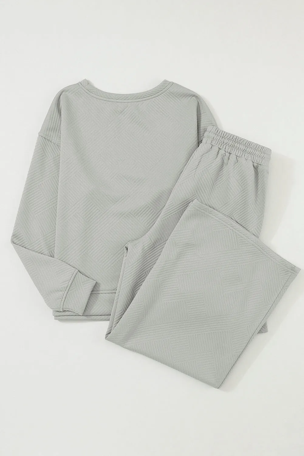 Gray Textured Loose Slouchy Long Sleeve Top and Pants Set