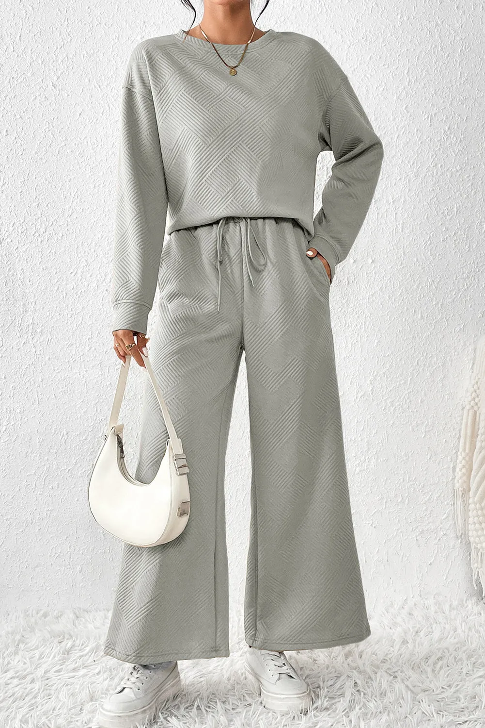 Gray Textured Loose Slouchy Long Sleeve Top and Pants Set