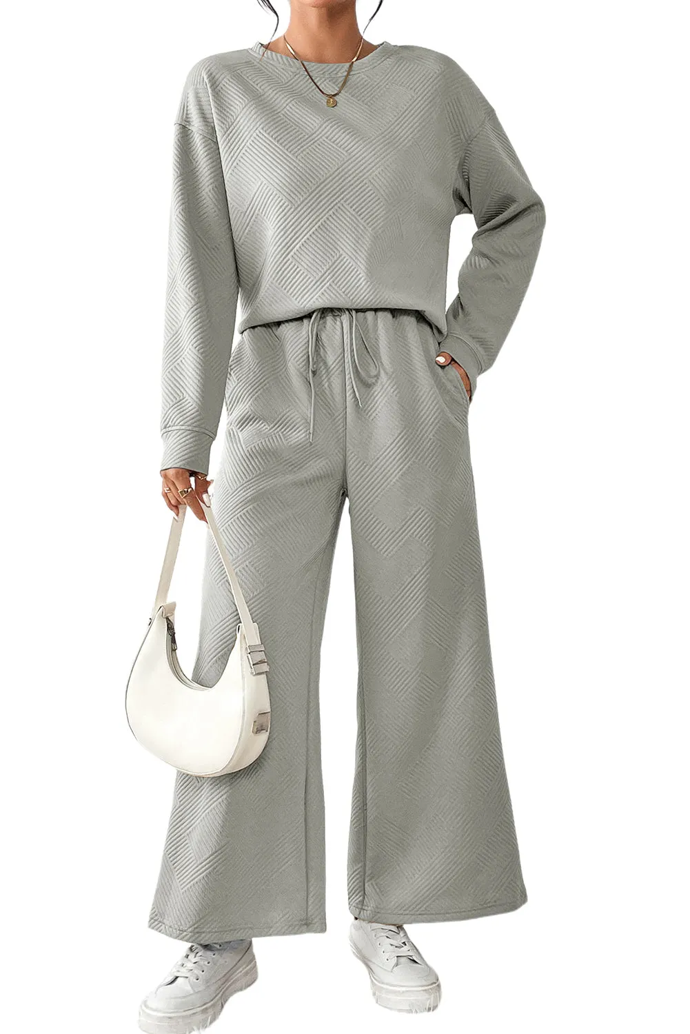 Gray Textured Loose Slouchy Long Sleeve Top and Pants Set