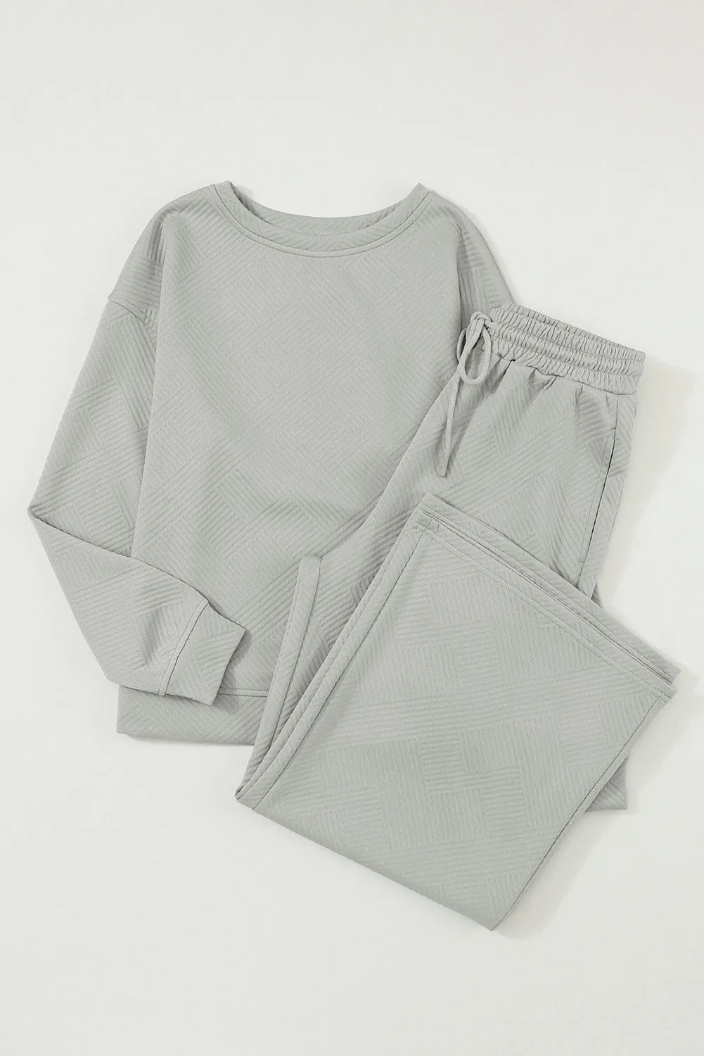 Gray Textured Loose Slouchy Long Sleeve Top and Pants Set