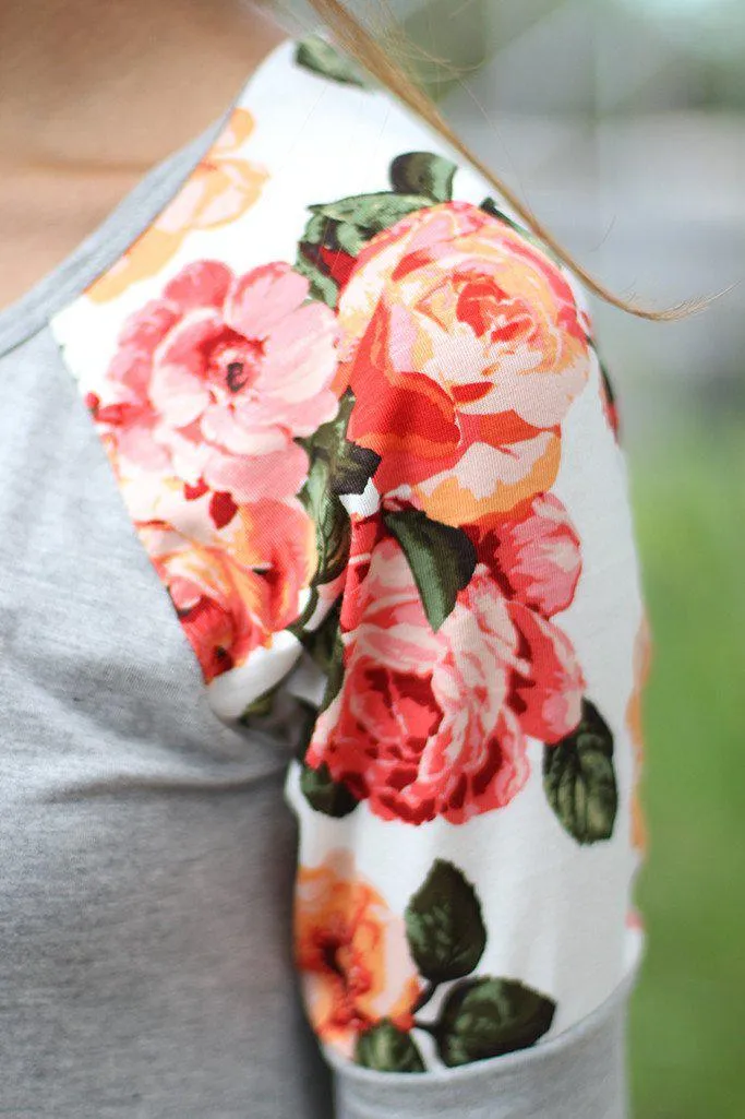 Gray Top With Floral Short Sleeves