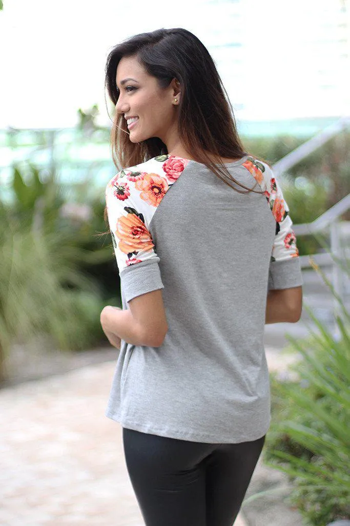 Gray Top With Floral Short Sleeves