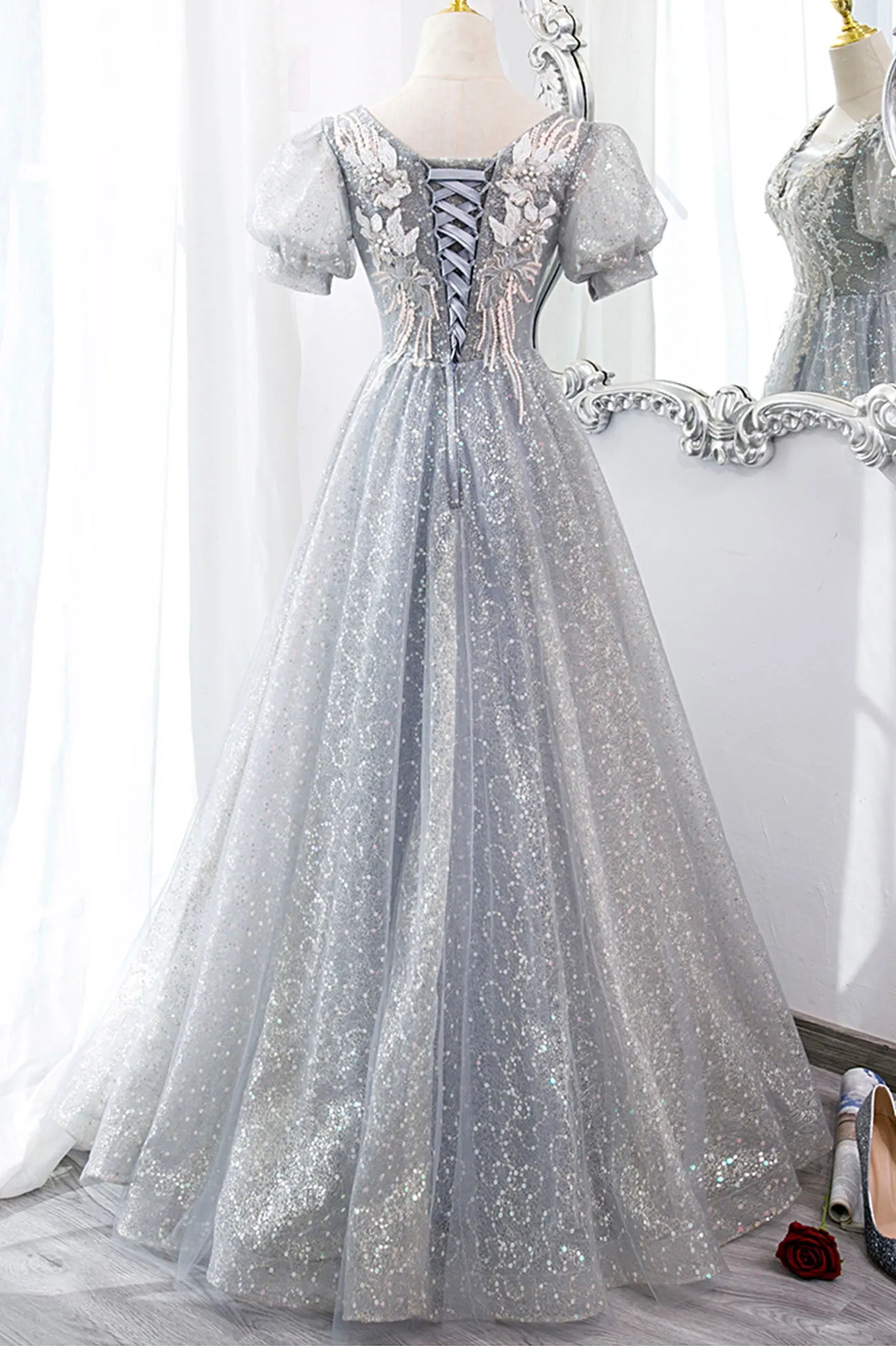 Gray Tulle Lace Long Party Dress A-Line Evening Dress