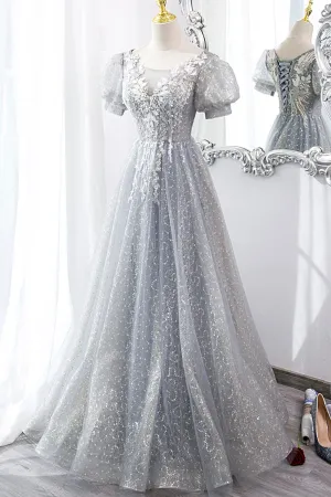 Gray Tulle Lace Long Party Dress A-Line Evening Dress