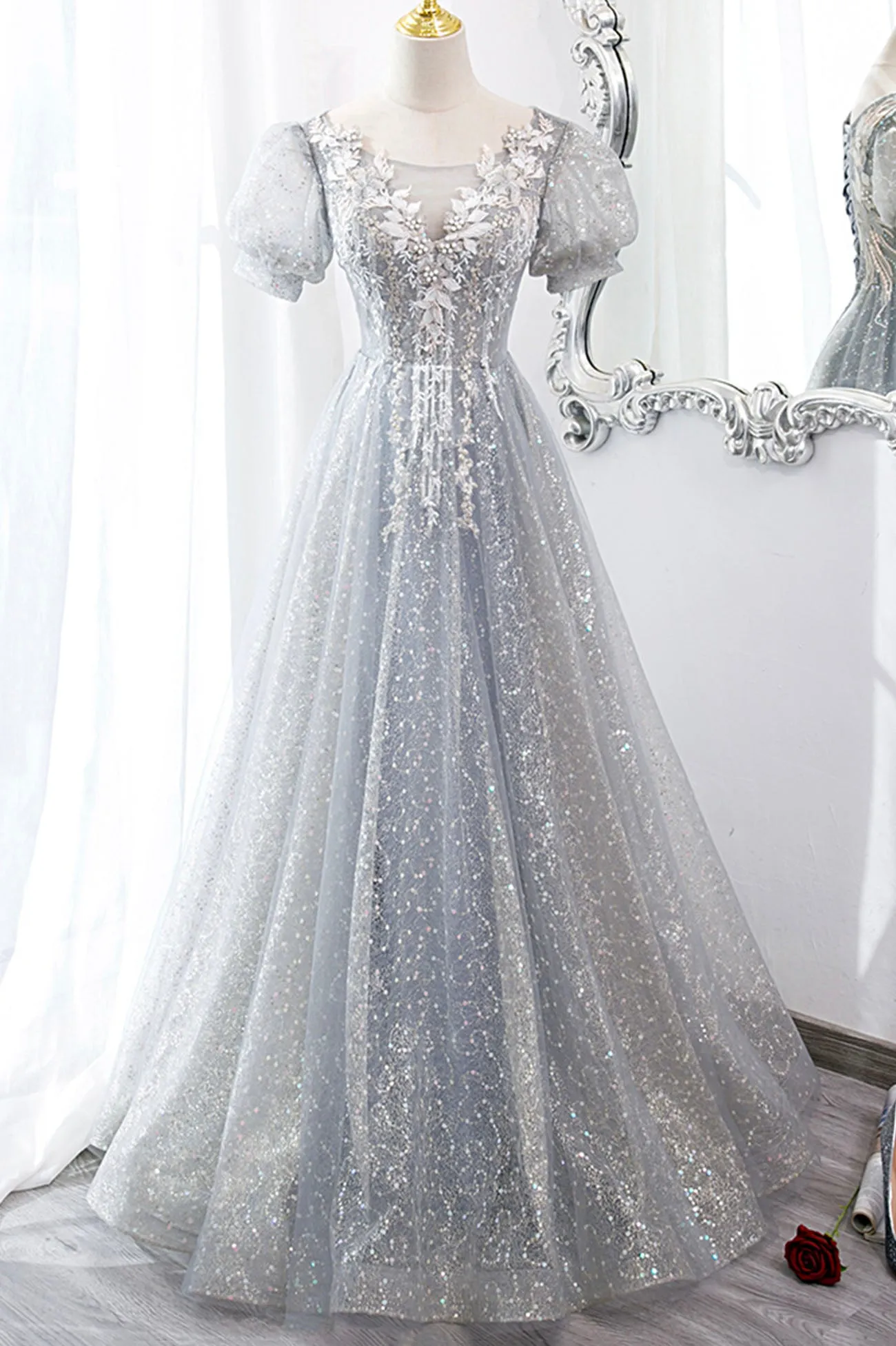 Gray Tulle Lace Long Party Dress A-Line Evening Dress