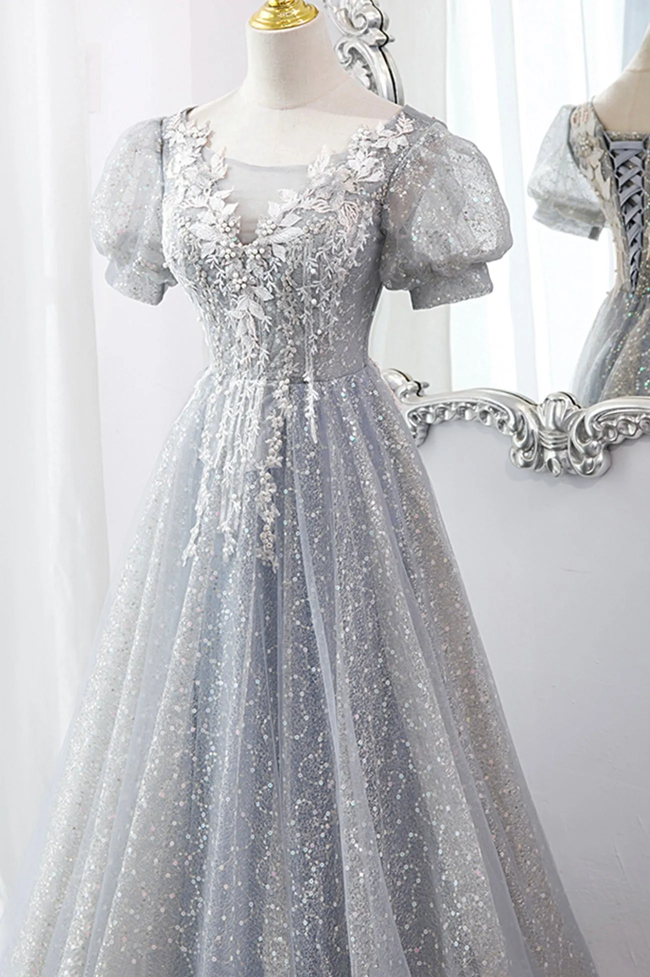 Gray Tulle Lace Long Party Dress A-Line Evening Dress