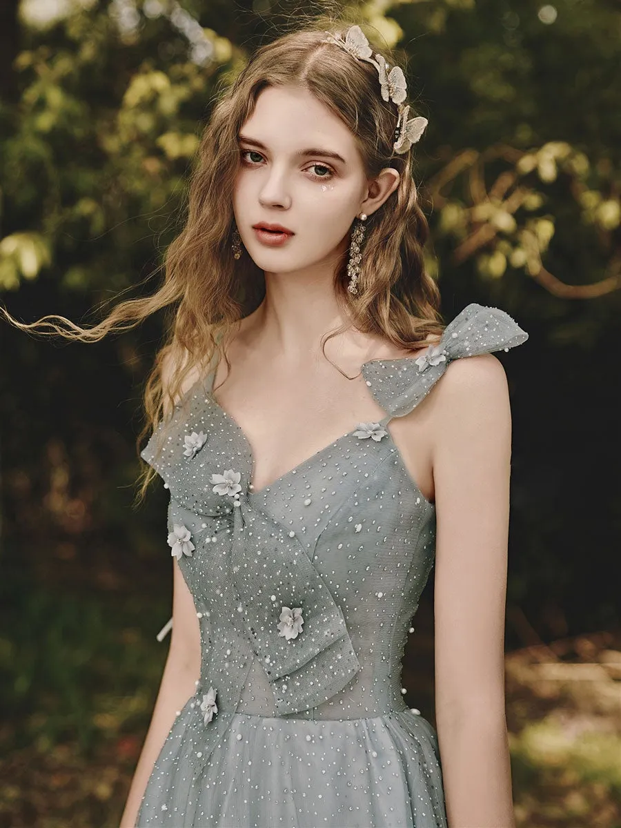 Gray tulle sequin tea length prom dress, gray evening dress