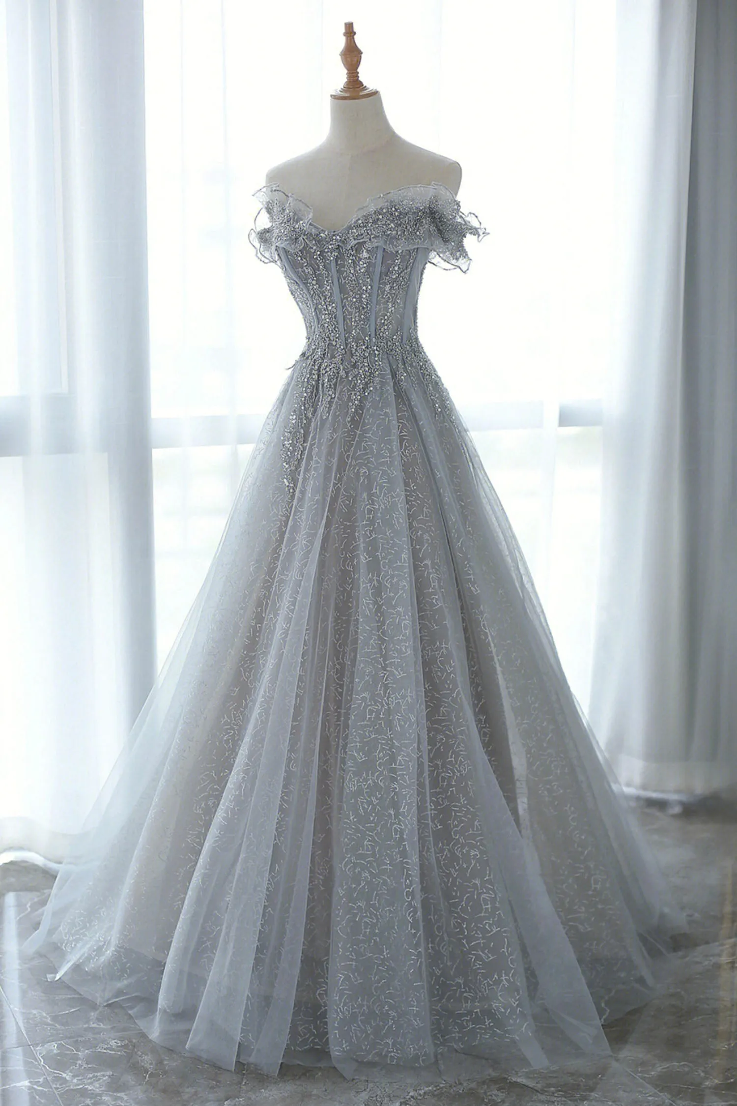 Gray Tulle Sequins Long Prom Dress Off the Shoulder Evening Dress