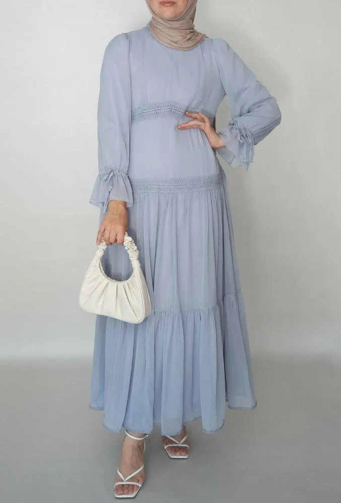 Gray Vivvie classic chiffon dress lined not sheer with maxi sleeve and lace detail