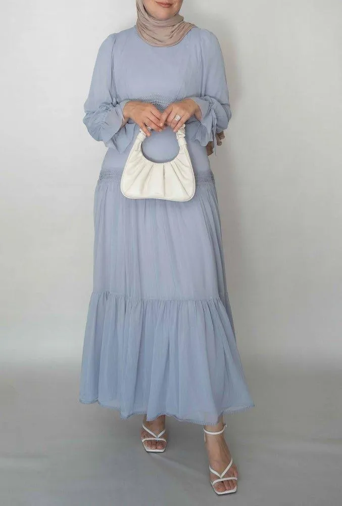 Gray Vivvie classic chiffon dress lined not sheer with maxi sleeve and lace detail