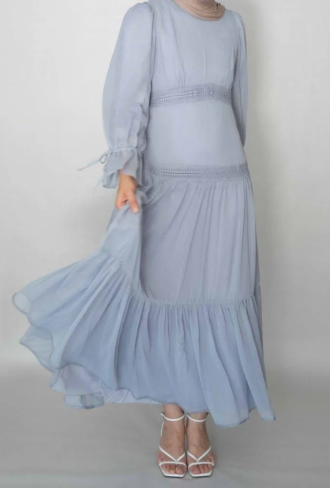 Gray Vivvie classic chiffon dress lined not sheer with maxi sleeve and lace detail