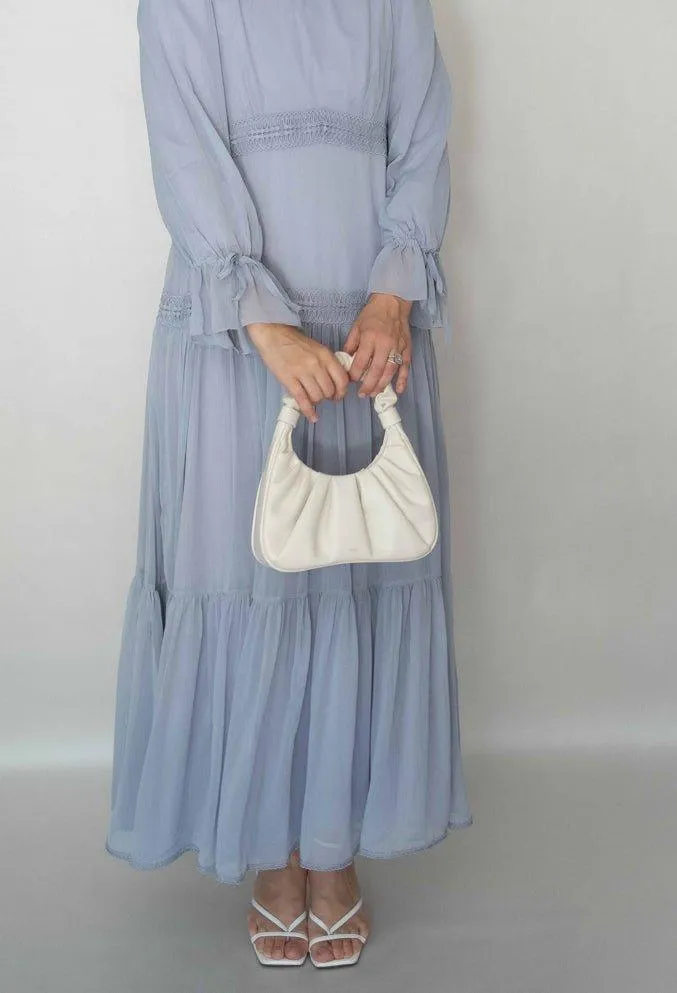 Gray Vivvie classic chiffon dress lined not sheer with maxi sleeve and lace detail