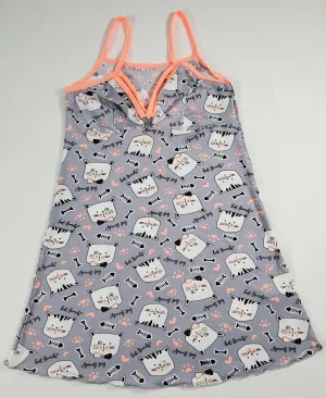 Gray Women's nightie pink trim kitten theme