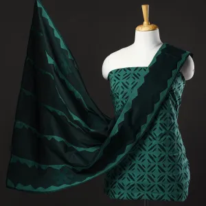 Green - 3pc Barmer Applique Cut Work Cotton Suit Material Set 03