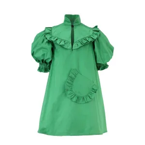 GREEN A-LINE DRESS WITH PATCH POCKET