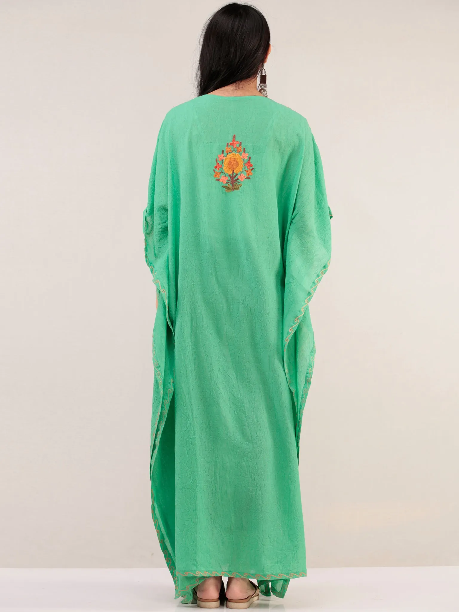 Green Aari Embroidered Kashmere Free Size Kaftan  - K12K071