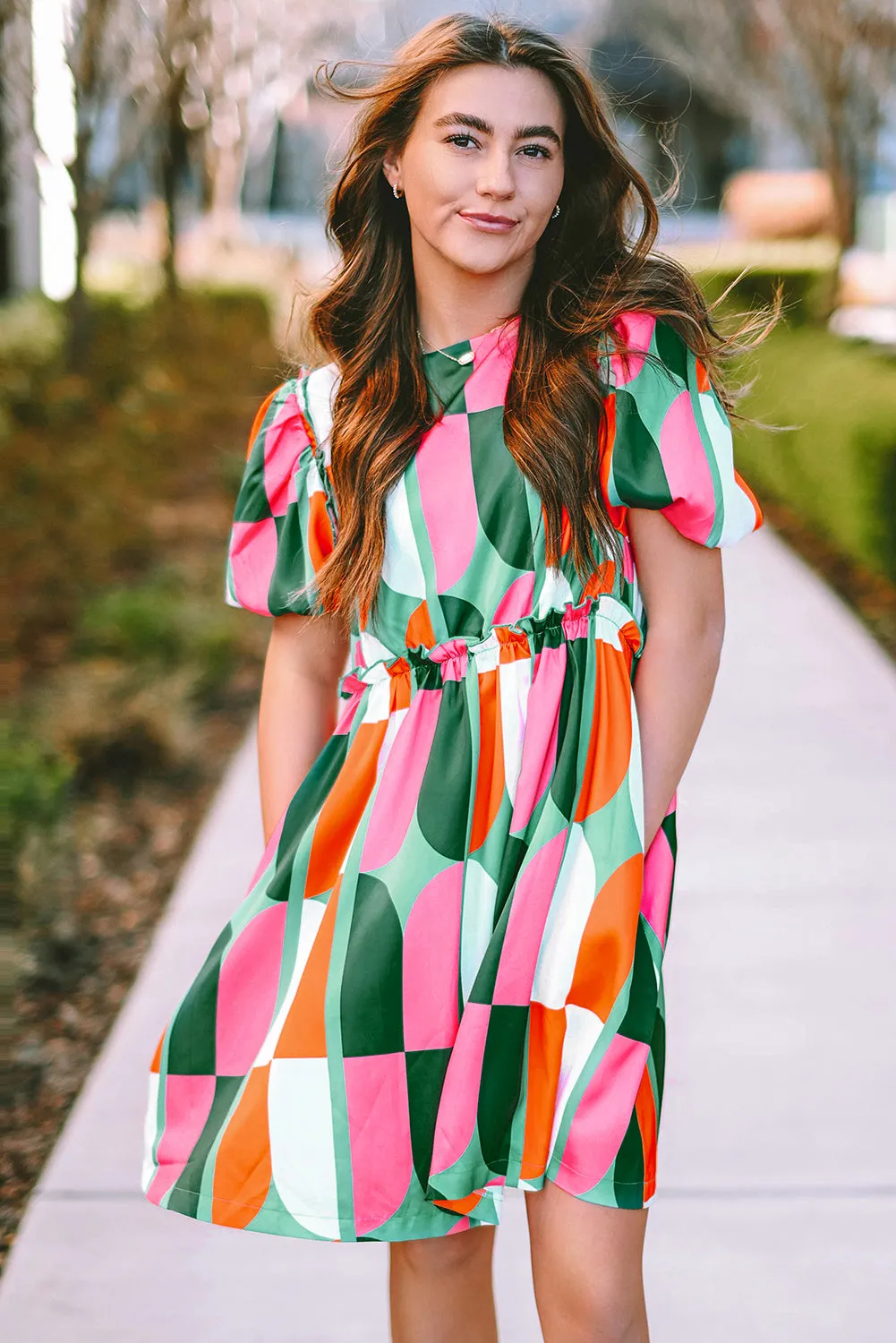 Green Abstract Print Puff Sleeve Short Dress