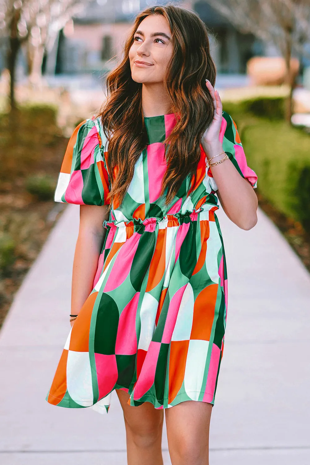 Green Abstract Print Puff Sleeve Short Dress