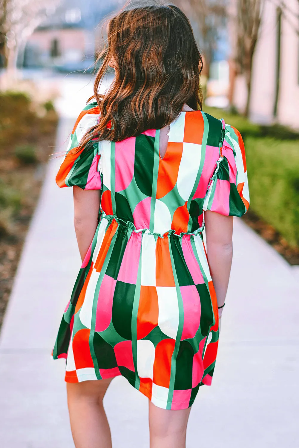 Green Abstract Print Puff Sleeve Short Dress