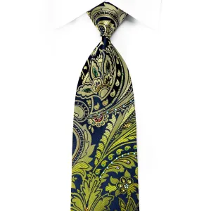 Green Acanthus On Navy Men's Crystal Rhinestone Silk Necktie