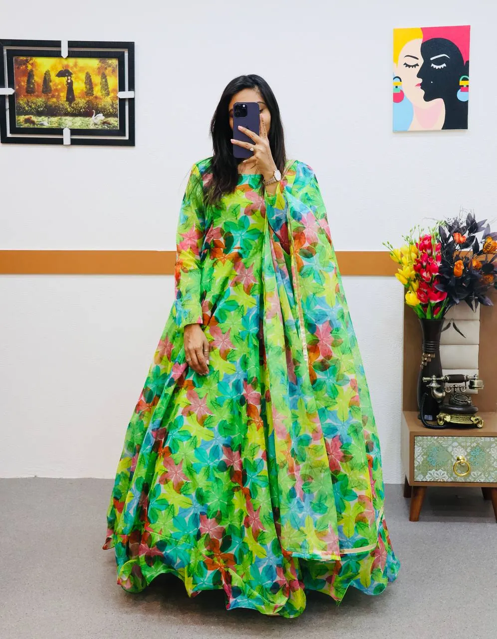 Green Anarkali Gown in Organza with Floral Print