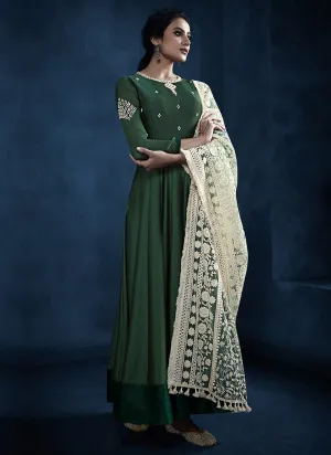 Green And Beige Lucknowi Anarkali Suit