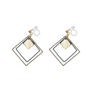 Green and Beige Square Hoop Invisible Clip On Earrings