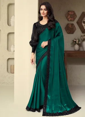 Green And Black Sequence Embroidery Designer Silk Saree