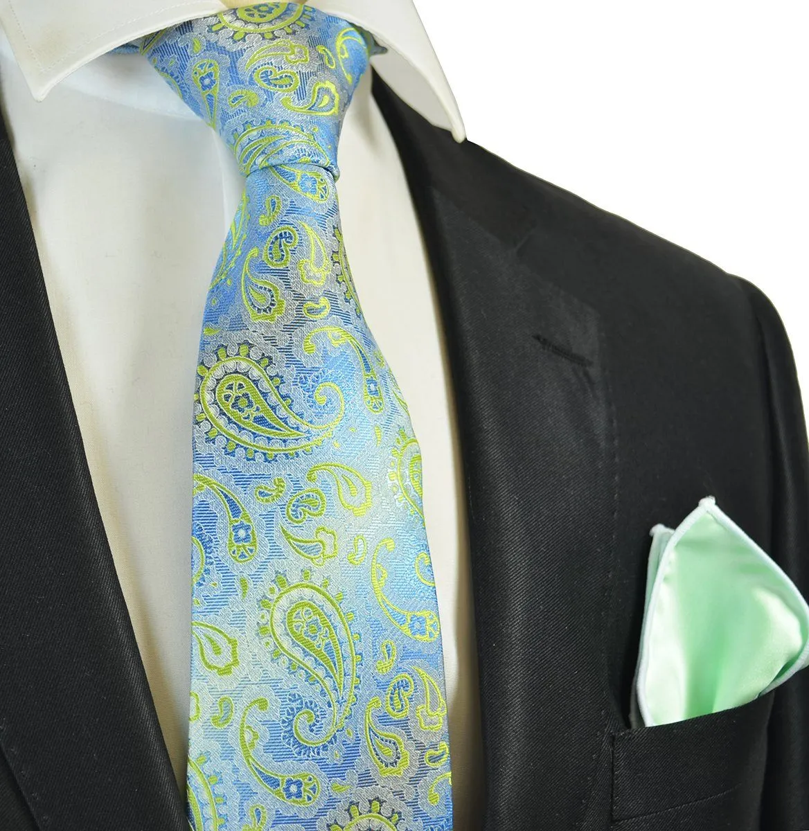 Green and Blue Paisley Men's Extra Long Tie and Pocket Square