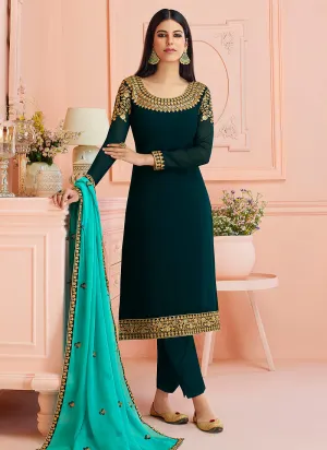 Green And Blue Traditional Embroidered Pant Style Suit