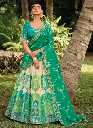 Green And Cream Embroidered Bridal Lehenga Choli