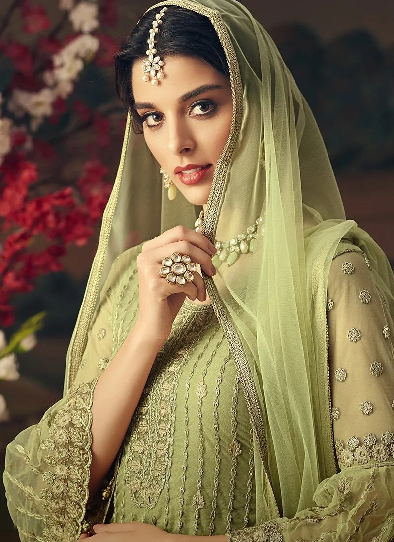 Green And Cream With Multi Embroidery Flared Sharara Suit