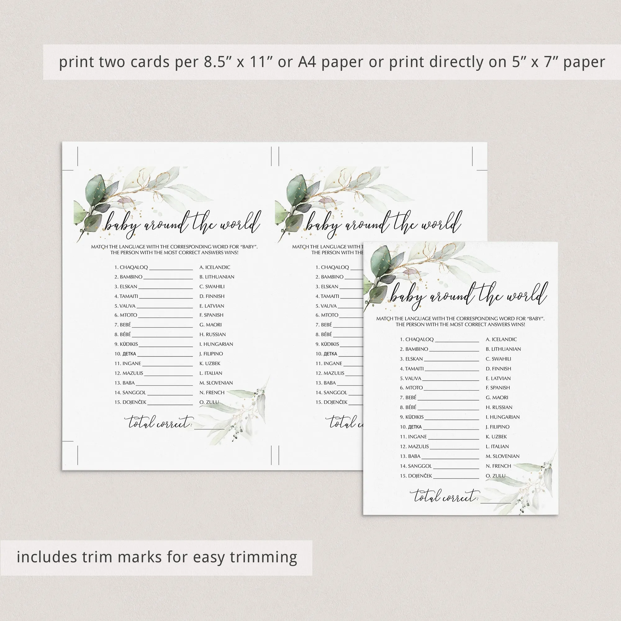 Green and Gold BabyShower Games Package Instant Download