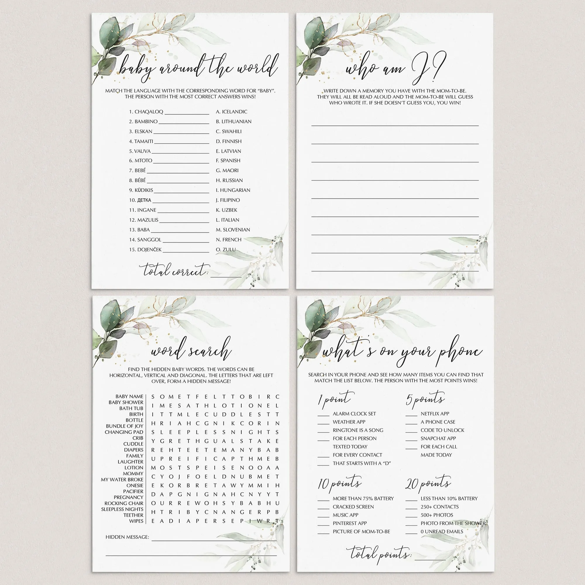 Green and Gold BabyShower Games Package Instant Download