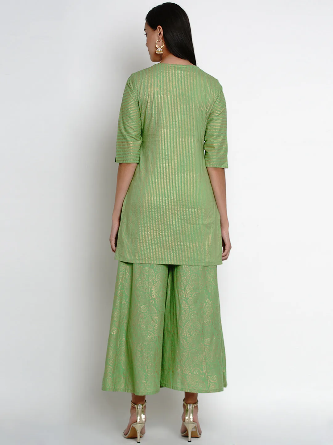 Green And Gold-Toned Striped Kurta With Palazzos