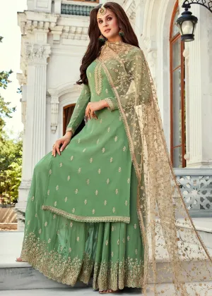 Green And Golden Embroidered Gharara Suit