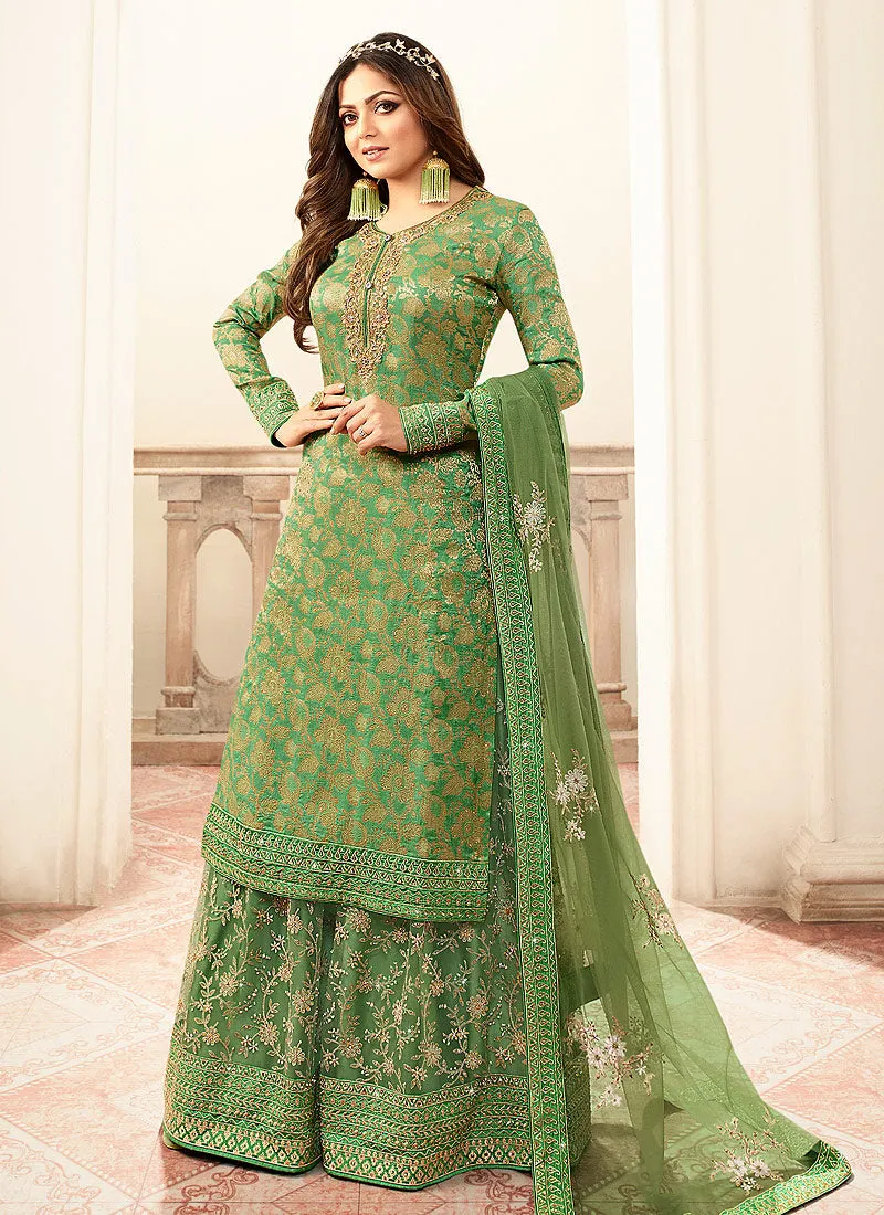 Green And Golden Tradition Embroidered Wedding Sharara