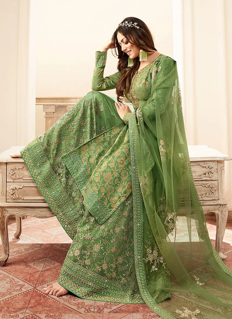 Green And Golden Tradition Embroidered Wedding Sharara