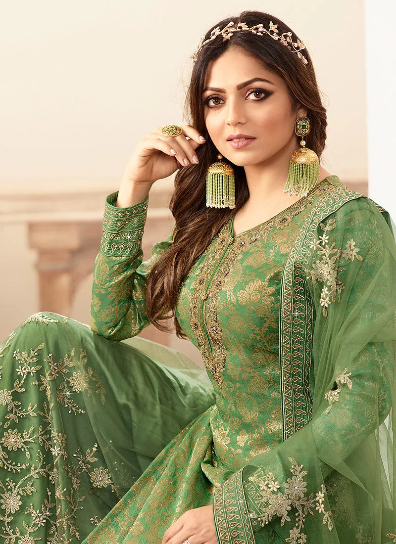 Green And Golden Tradition Embroidered Wedding Sharara