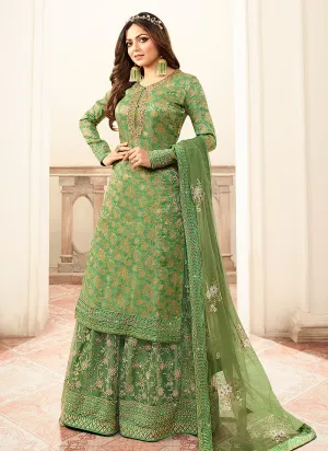 Green And Golden Tradition Embroidered Wedding Sharara