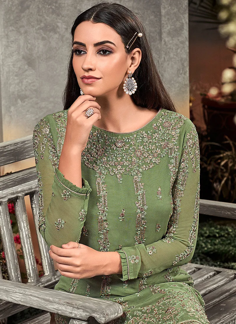 Green And Light Brown Embroidered Palazzo Suit