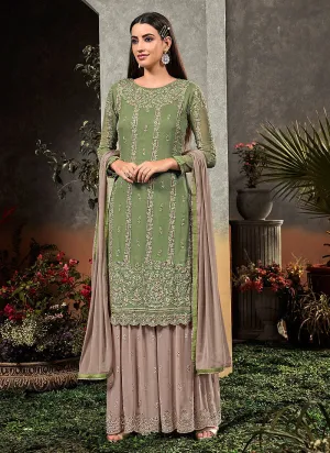 Green And Light Brown Embroidered Palazzo Suit