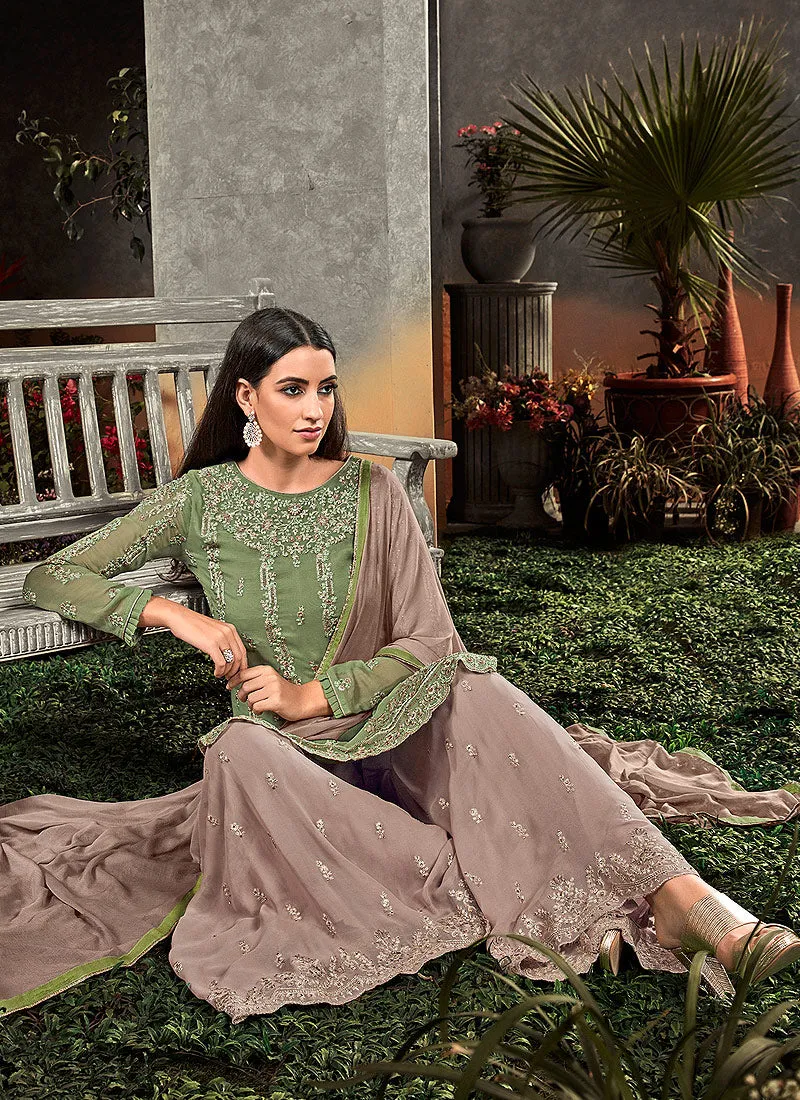 Green And Light Brown Embroidered Palazzo Suit