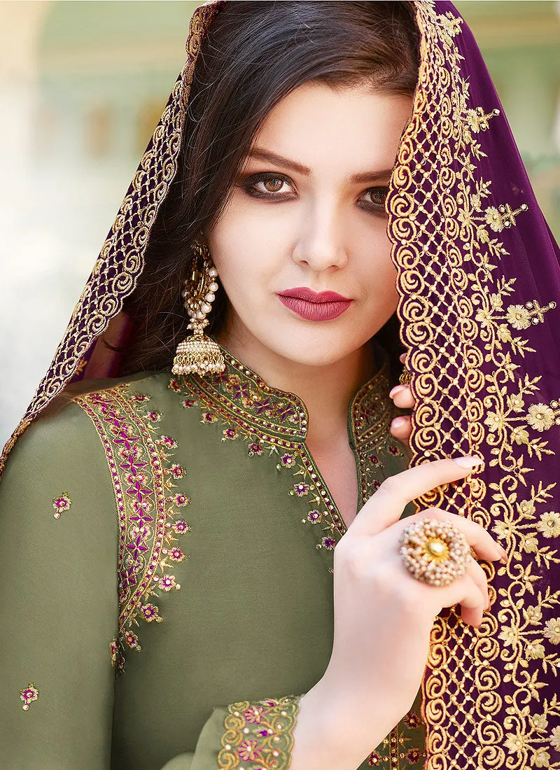 Green And Magenta Embroidered Gharara Suit