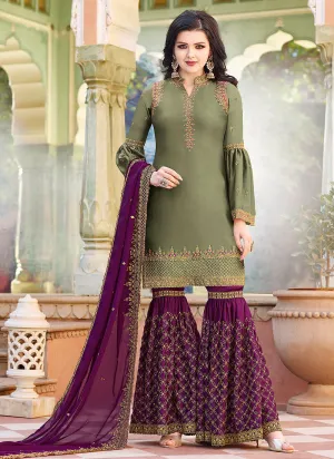 Green And Magenta Embroidered Gharara Suit